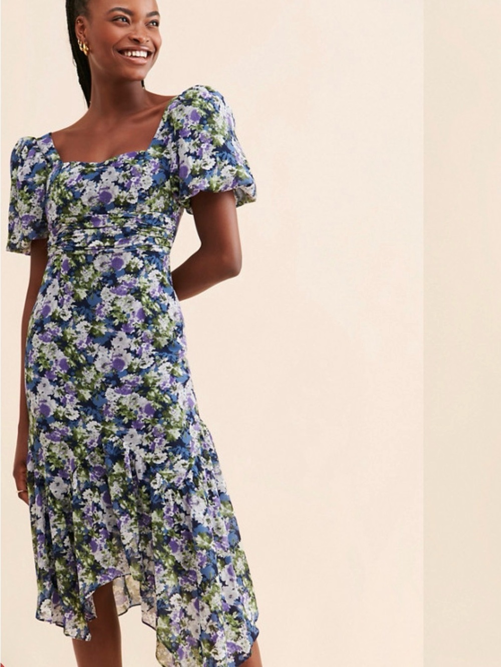 ASTR Blue, Green and White Floral High-Low Midi Dress